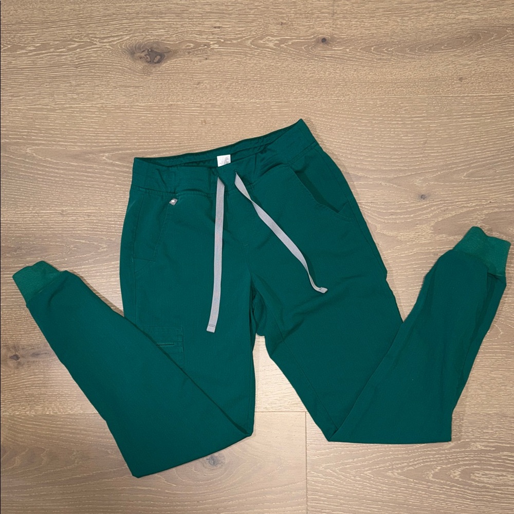 Figs Track Joggers in Deep Teal Green with Gray Drawstrings